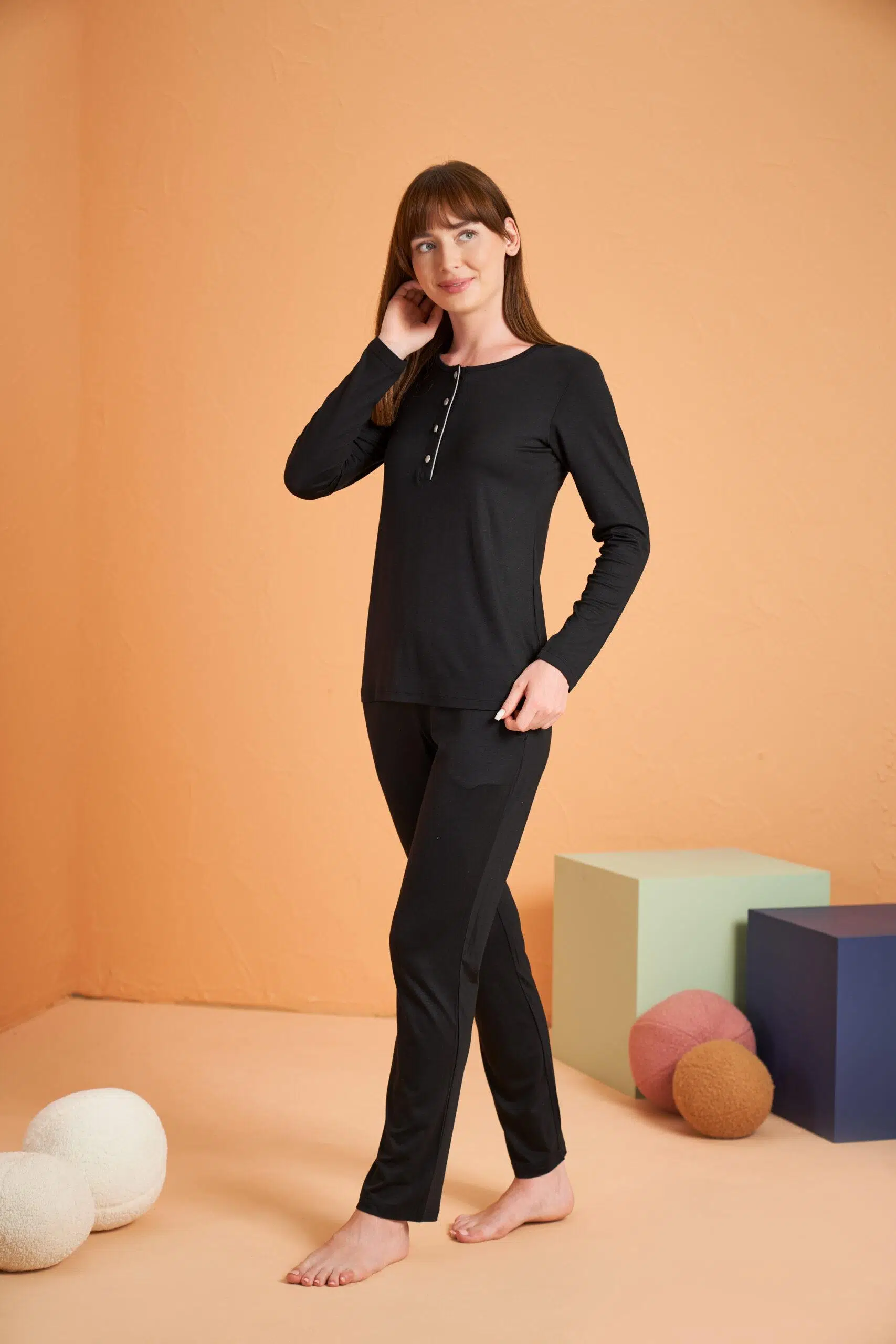 Pjs Kadın Viskon 4 Mevsim Kumaş Düğmeli Uzun Kollu Pijama Takım