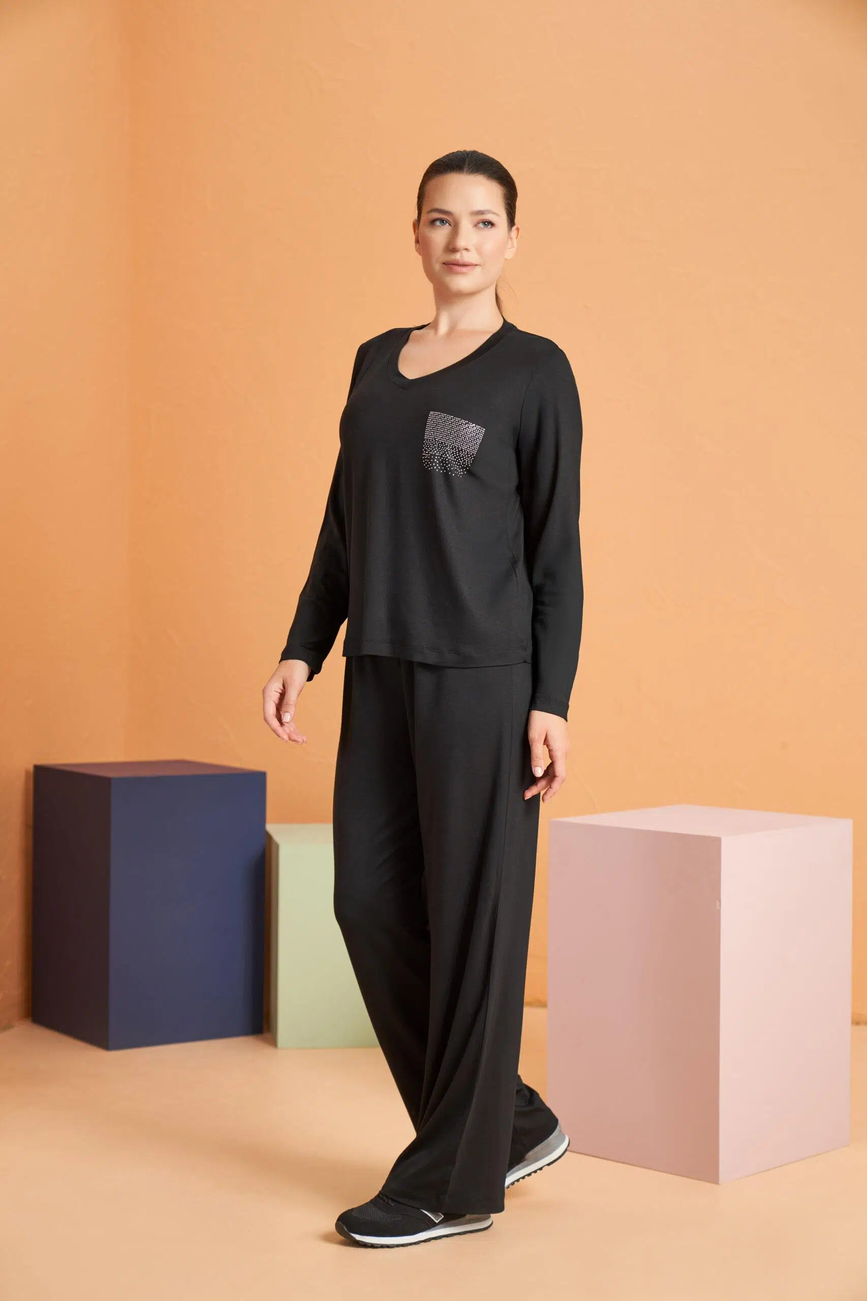 Pjs Kadın V Yaka Likralı Viskon Kumaş Uzun Kollu Eşofman Takım