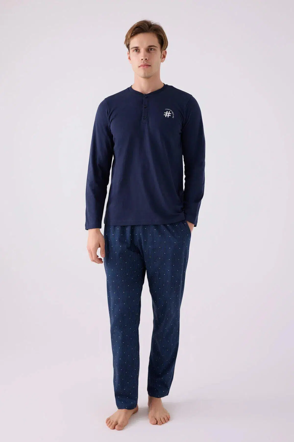 Arnetta Erkek Pamuklu Comfortablelıfe Bisiklet Yaka Uzun Kollu Pijama Takım