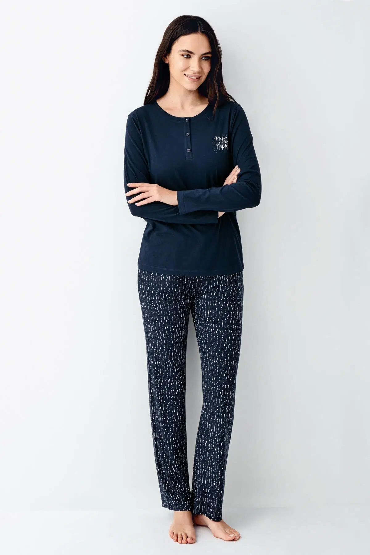Arnetta Make Me Happy Kadın Modal Pamuklu Rahat Uzun Kollu Pijama Takım
