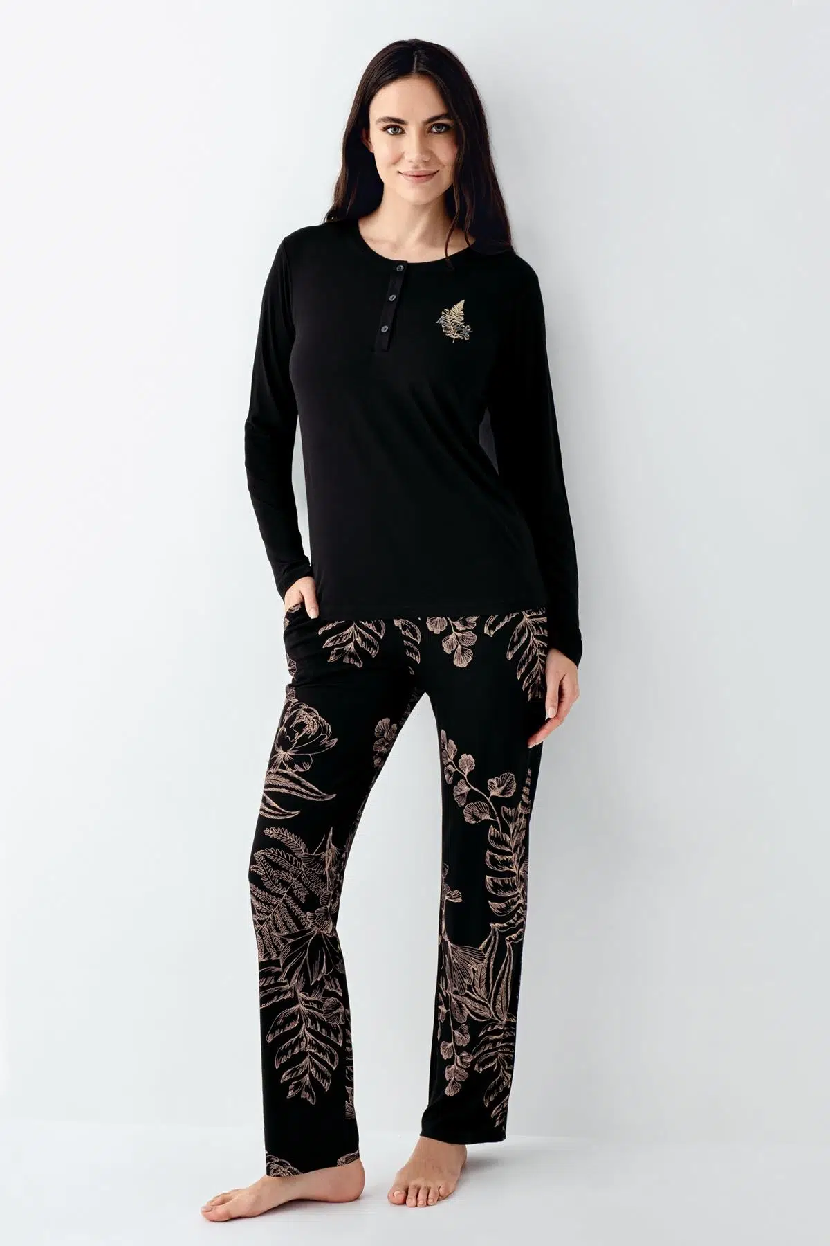 Arnetta Kadın Büyük Beden Modal Pamuklu 4 Mevsimlik Desenli Uzun Kollu Pijama Takım
