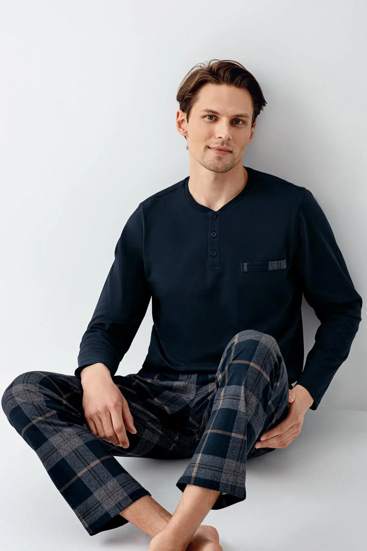 Arnetta Erkek %100 Pamuklu 4 Mevsim Cepli Uzun Kol Ekose Pijama Takım