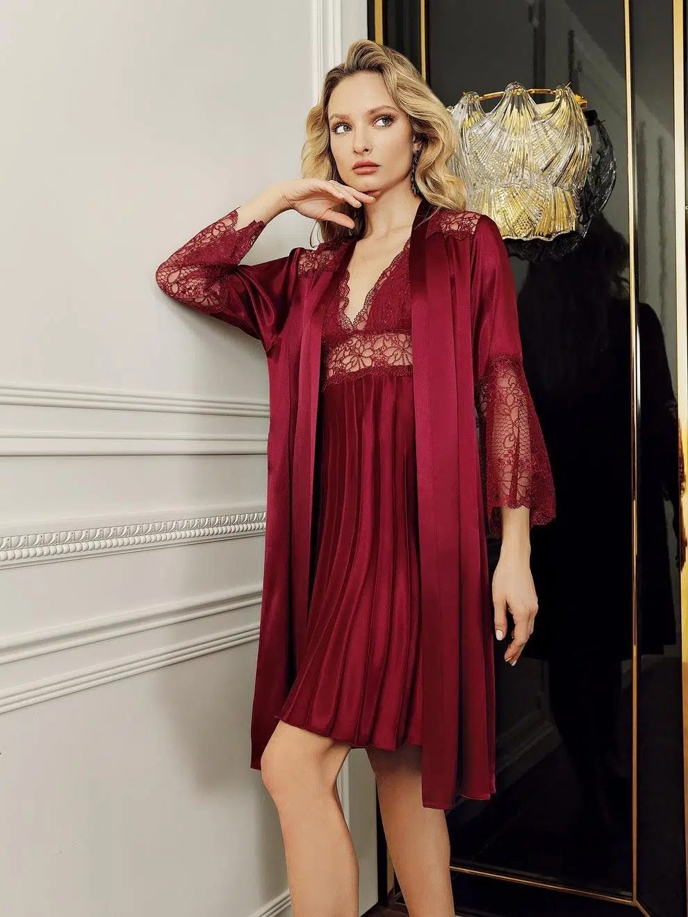 4002 Kadın 2'li Saten Çeyiz Kısa Gecelik Sabahlık Takım - BORDO