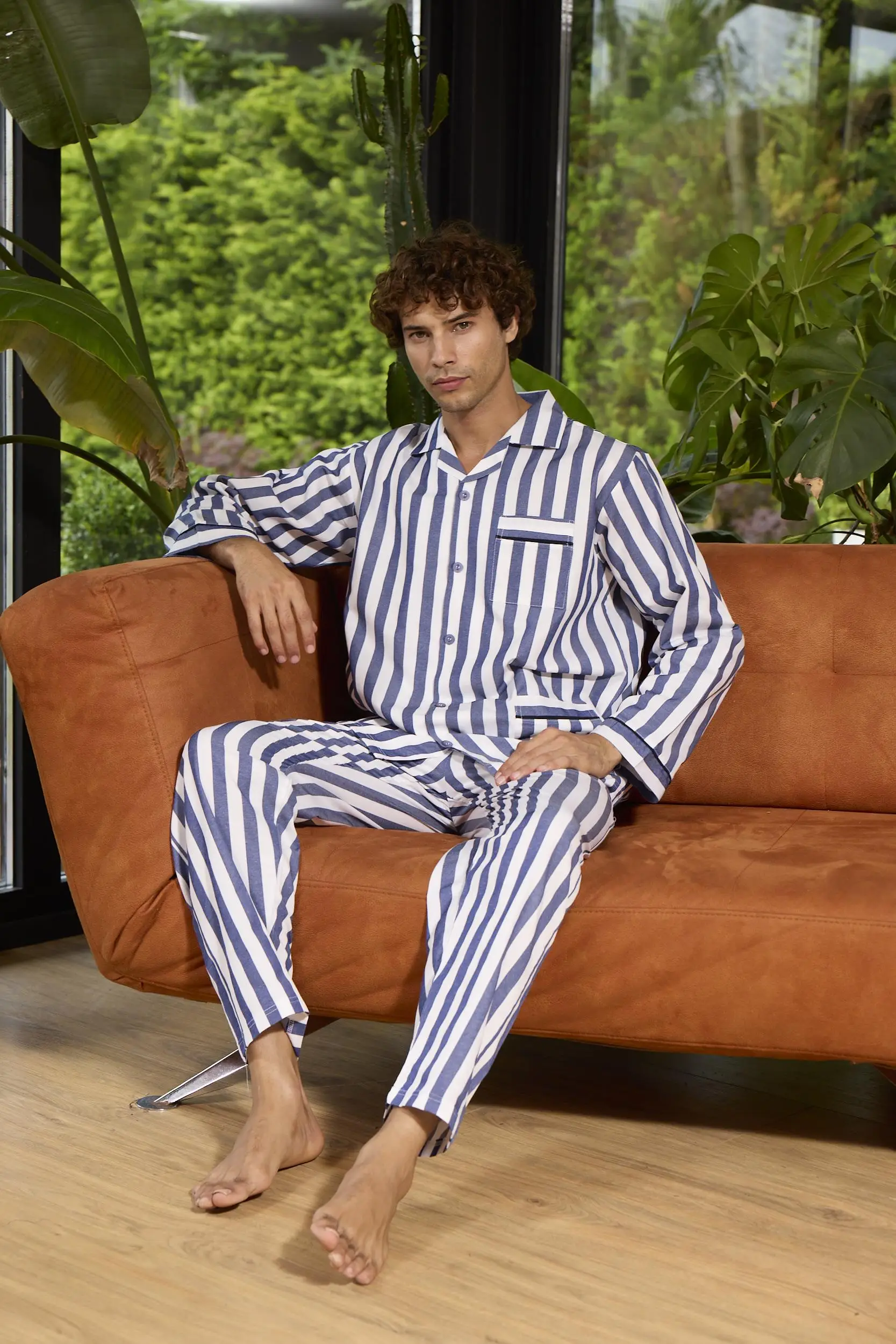4007 Erkek Apaj Yaka Önden Düğmeli Gaffur Pijama Takım - MAVİ