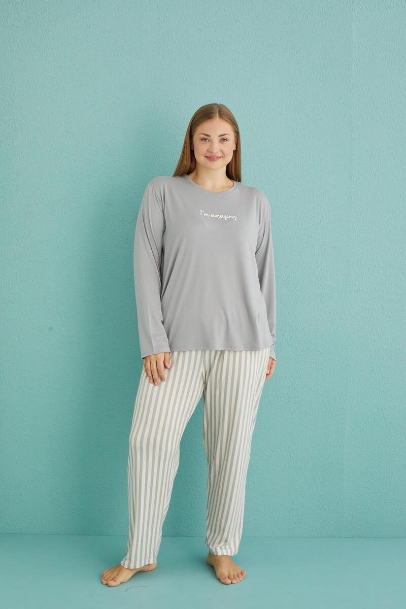 Gd Goldoremi 50802-19 Büyük Beden Kadın Amazing Milan Kumaş Pijama Takım - GRİ