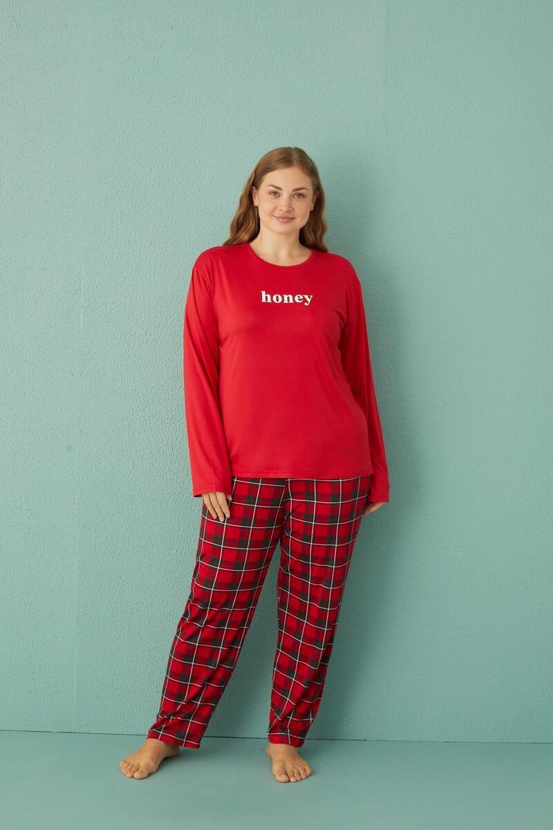 Gd Goldoremi 50802-2 Büyük Beden Kadın Honey Milan Kumaş Pijama Takım - KIRMIZI