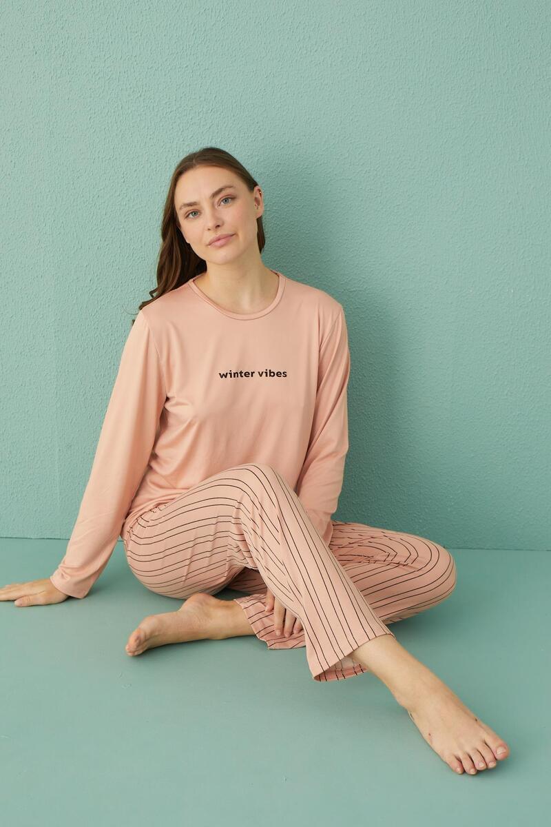 Gd Goldoremi 50902-26 Kadın Çizgili Milan Kumaş Uzun Kol Pijama Takım - SOMON