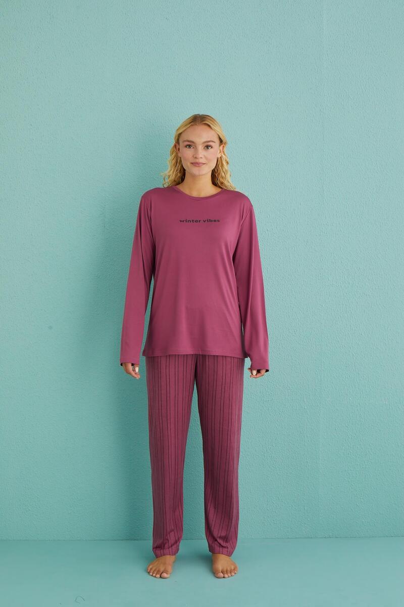 Gd Goldoremi 50902-40 Kadın Winter Vibes Milan Kumaş Uzun Kol Pijama Takımı - MÜRDÜM