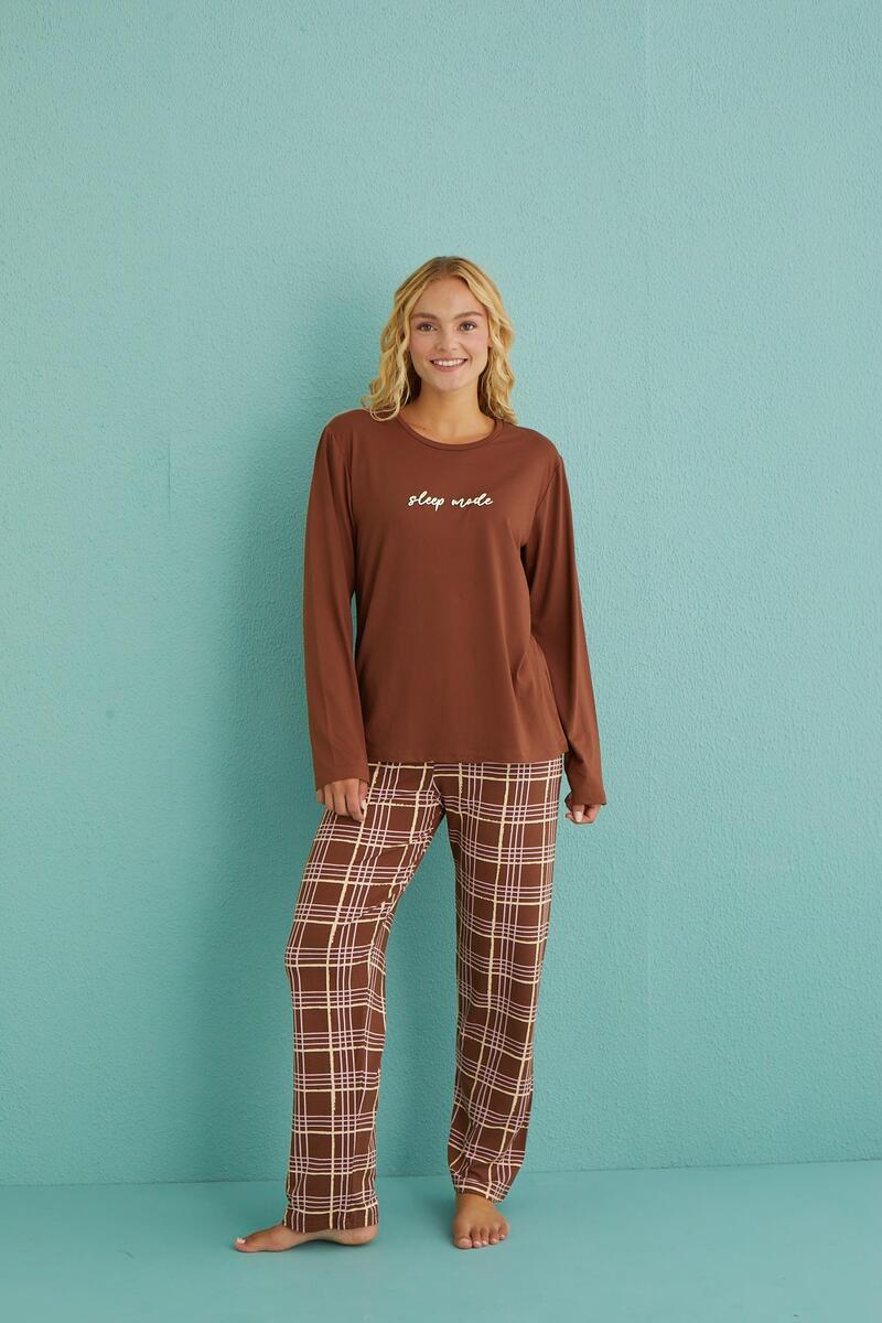 Gd Goldoremi 50902-53 Kadın Sleep Mode Ekose Uzun Kollu Pijama Takım - KAHVERENGİ