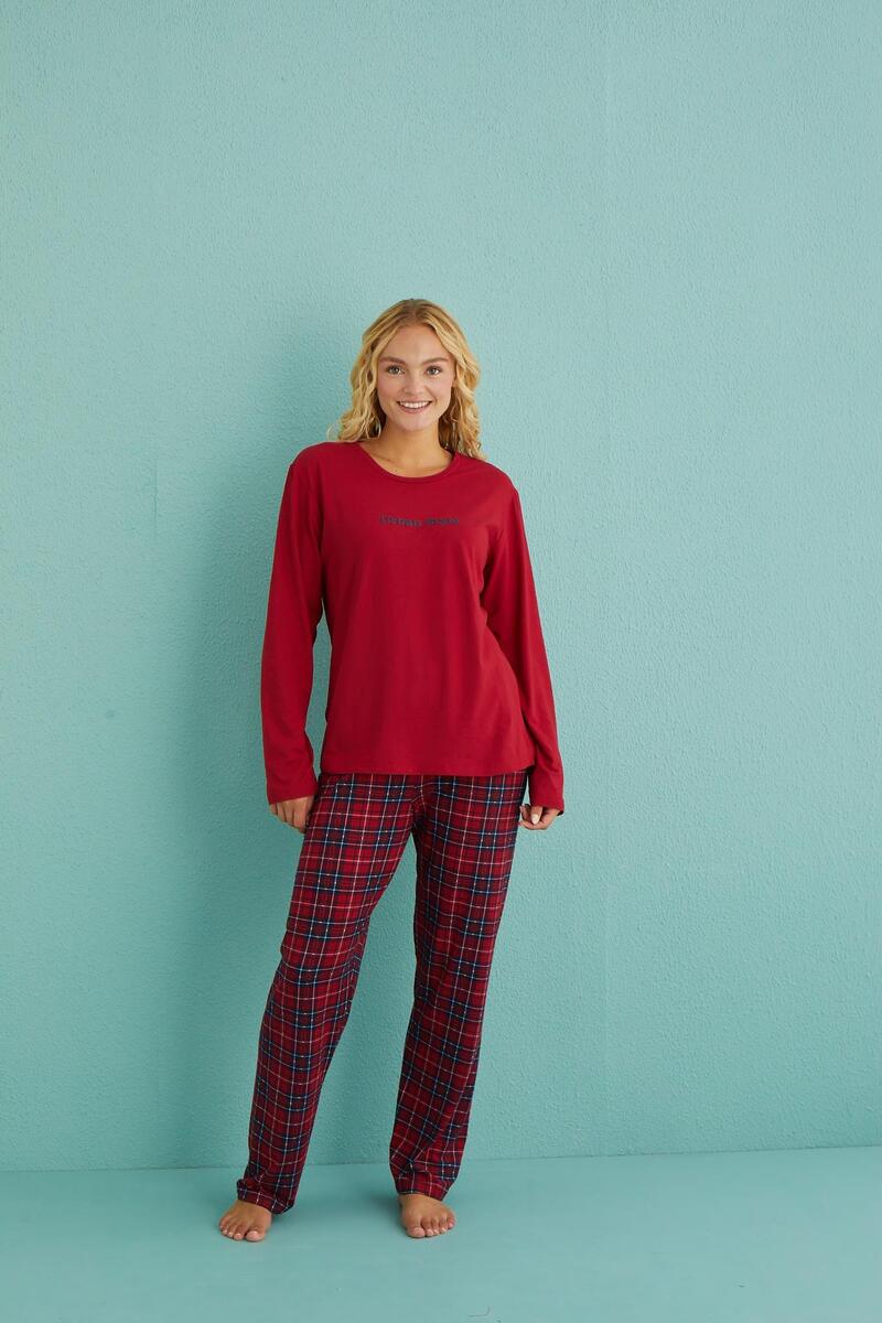 Gd Goldoremi 50902-55 Urban Style Milan Kumaş Uzun Kol Ekoseli Pijama Takımı - KIRMIZI