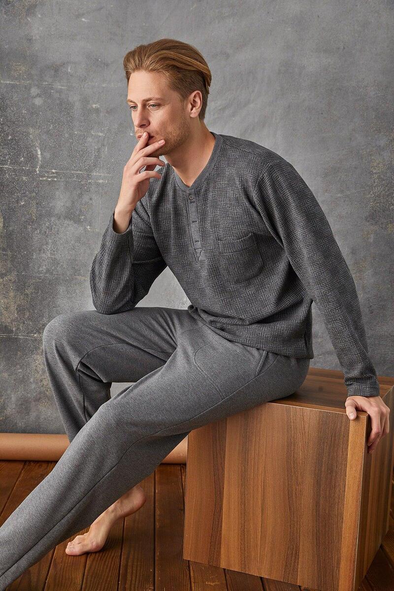 Kly 7027 Erkek Jakar Midi Yaka Pijama Takım - ANTRASİT