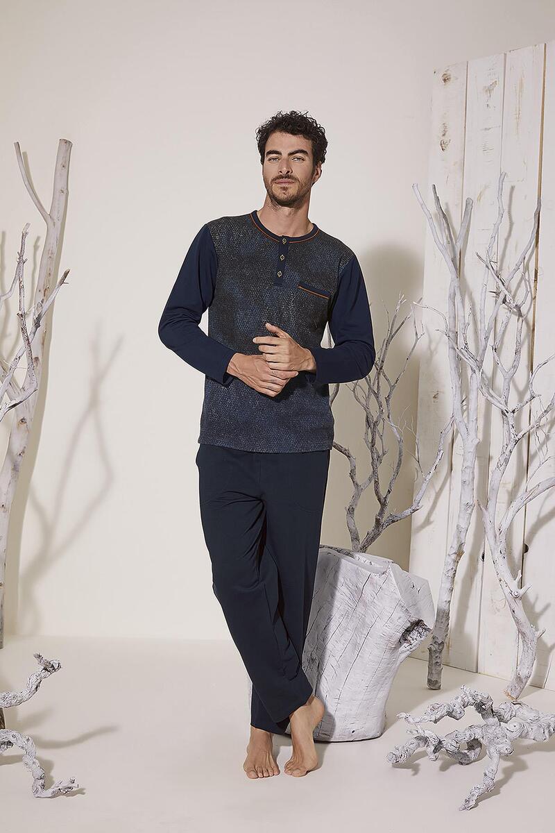 KLY 8026 Erkek Yaka Reçme Pijama Takım - İNDİGO