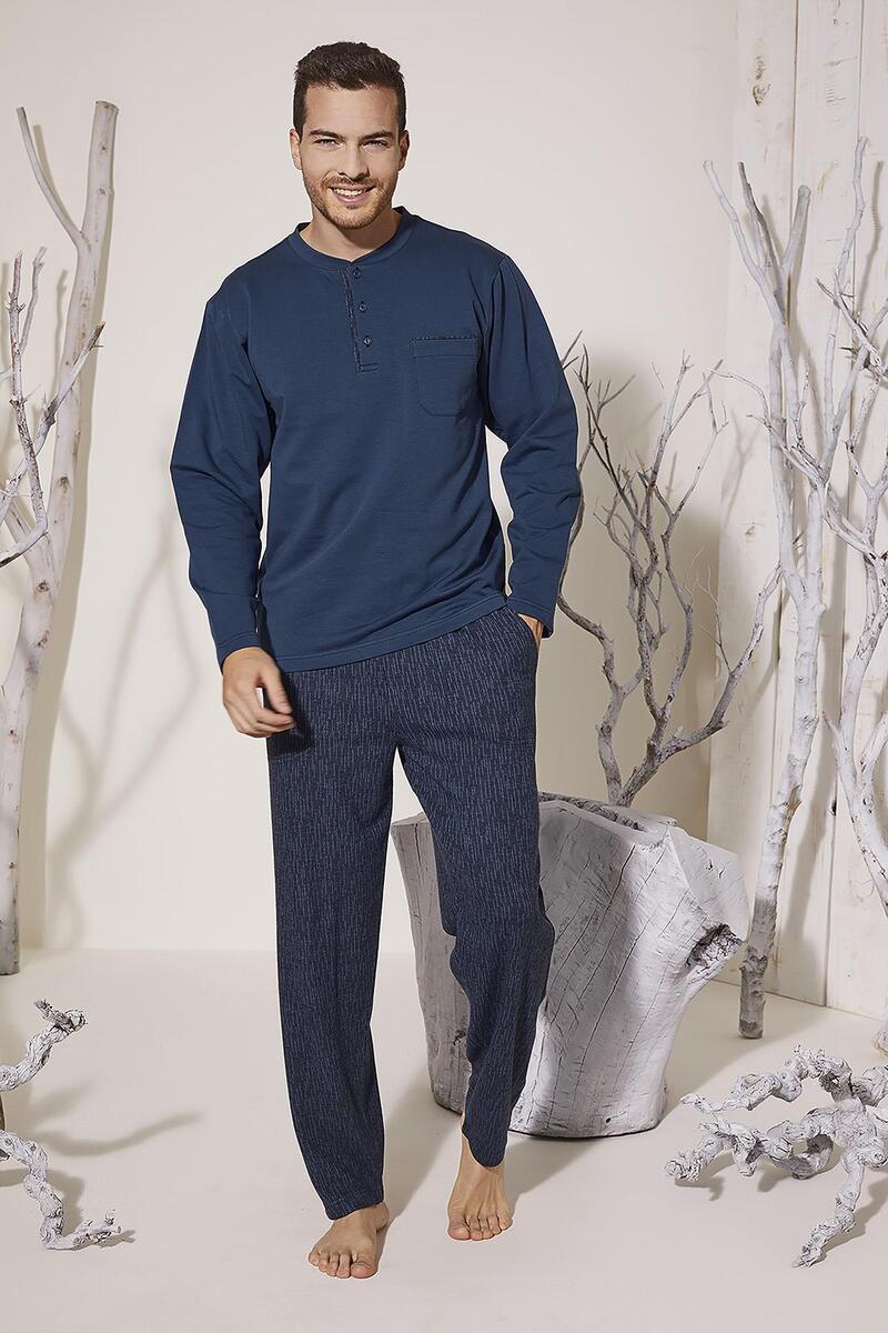 KLY 8027 Erkek Midi Yaka Pijama Takım - LACİVERT
