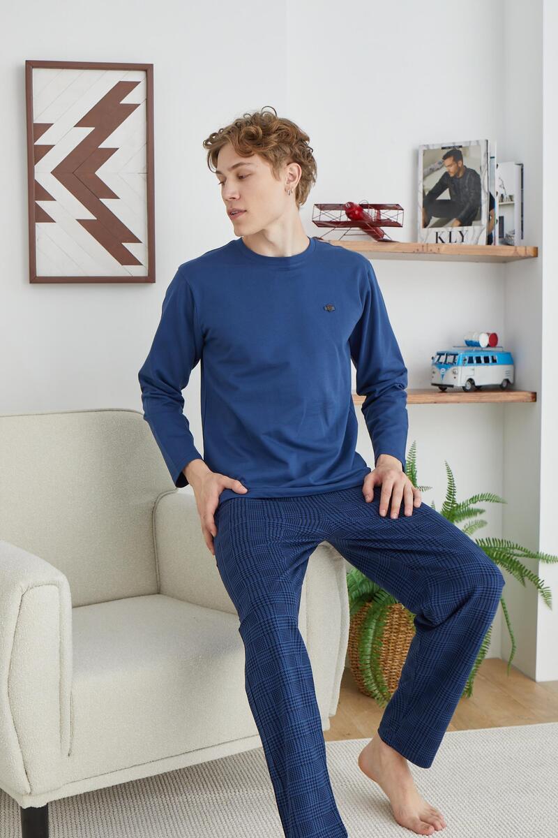 Kly 8035 0 Yaka Altı Kareli Spor Orta Kalın Erkek Pijama - İNDİGO