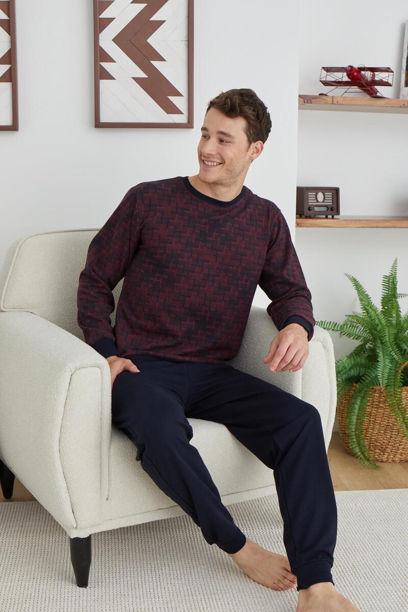 Kly 8041 Erkek Kışlık O Yaka Pijama Takım - BORDO