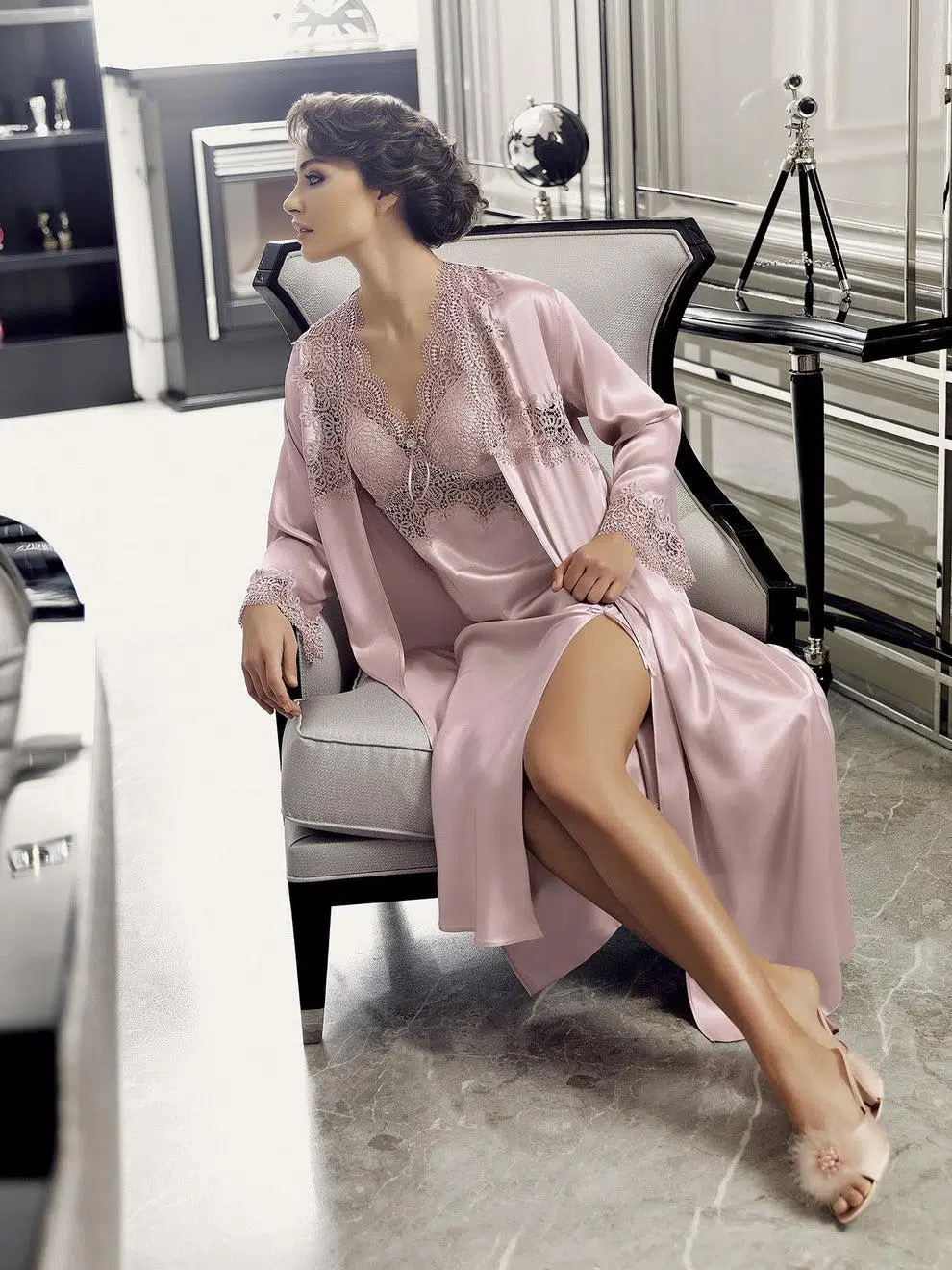 8060 Kadın Uzun Saten Gecelik Sabahlık 6'lı Takım - BORDO