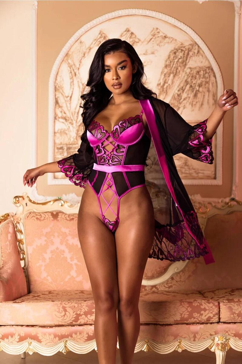 Gd Goldoremi 8427 Premium Kalp Desenli Babydoll Takım Gecelik Fantezi Takım - SİYAH