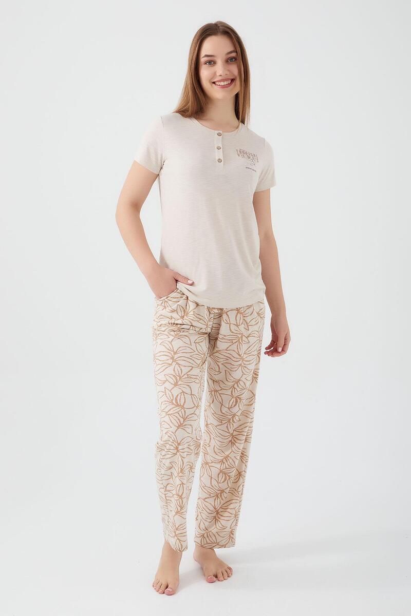 Pierre Cardin 8521 Tropical Vibes Kadın Kısa Kol Pijama Takım - BEJ
