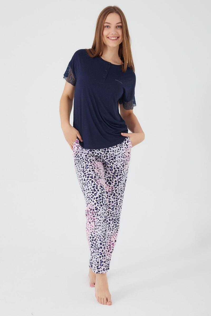 Pierre Cardin 8563 Lace Sleeve Lacivert Kadın Kısa Kol Pijama Takım - LACİVERT