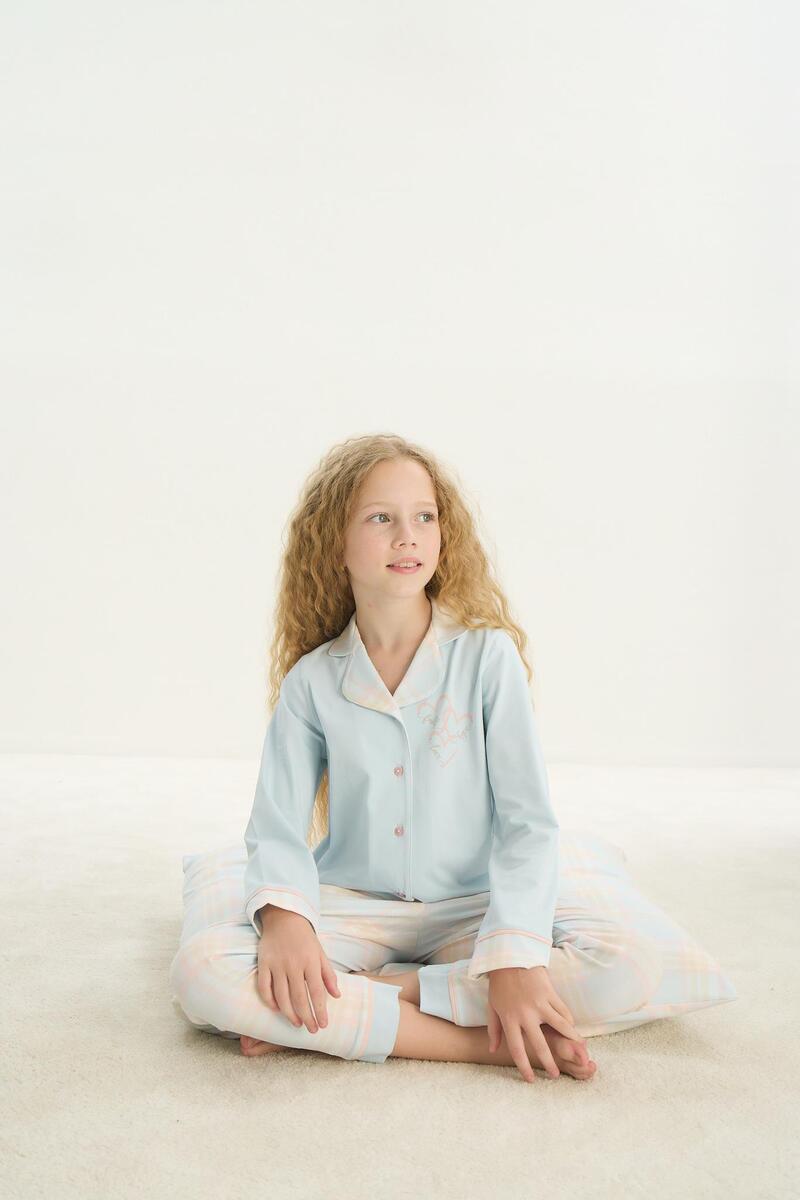 ZEYZEY 8753 Kız Çocuk Önden Düğmeli Uzun Kollu Pijama Takım - MAVİ