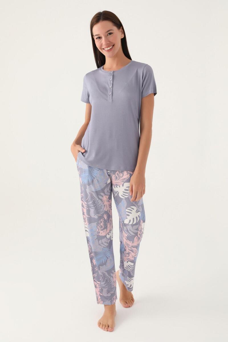 Pierre Cardin 8801 Leaf Kadın Kısa Kol Pijama Takımı - GRİ
