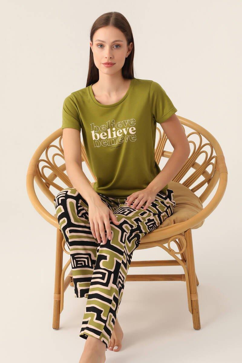 Pierre Cardin 8817 Believe Kadın Kısa Kol Pijama Takımı - YAĞ YEŞİLİ