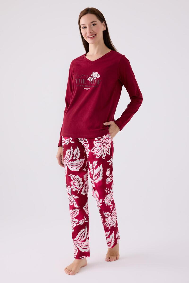 Pierre Cardin Paris 8865 Enjoy The Now Kadın Bordo Uzun Kol Pijama Takım - VİŞNE