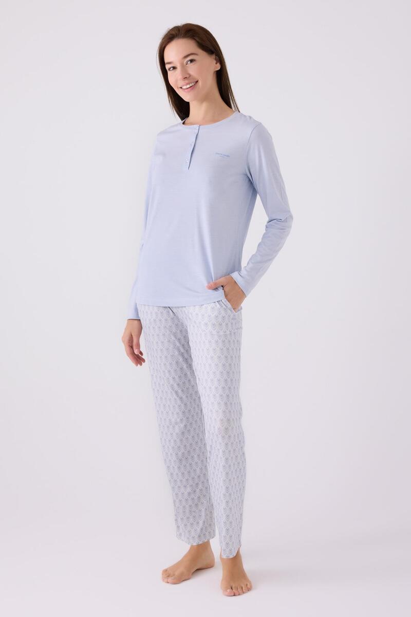 Pierre Cardin Paris 8888 Kadın Uzun Kol Yaka Düğmeli Desenli Pijama Takım - MAVİ