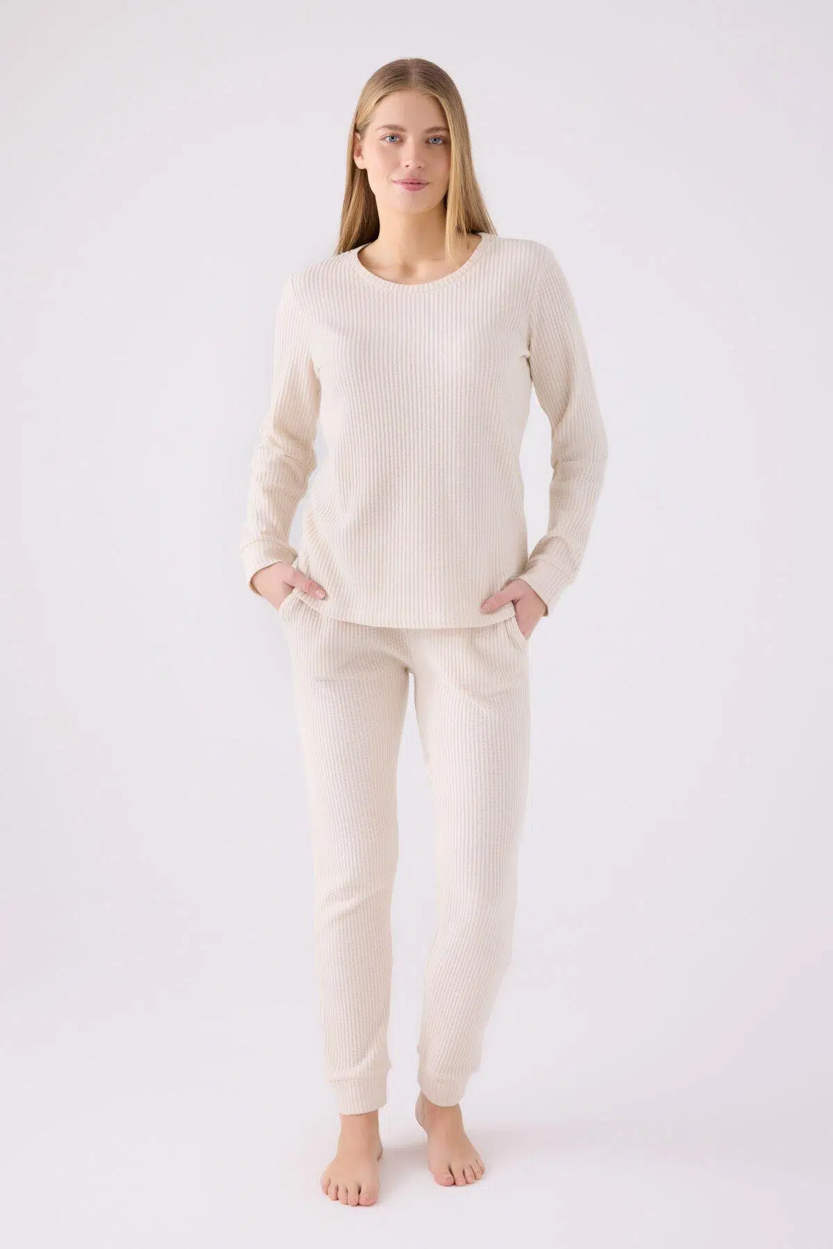 Pierre Cardin Kadın Örme Kumaş Bisiklet Yaka Uzun Kollu Pijama Takımı