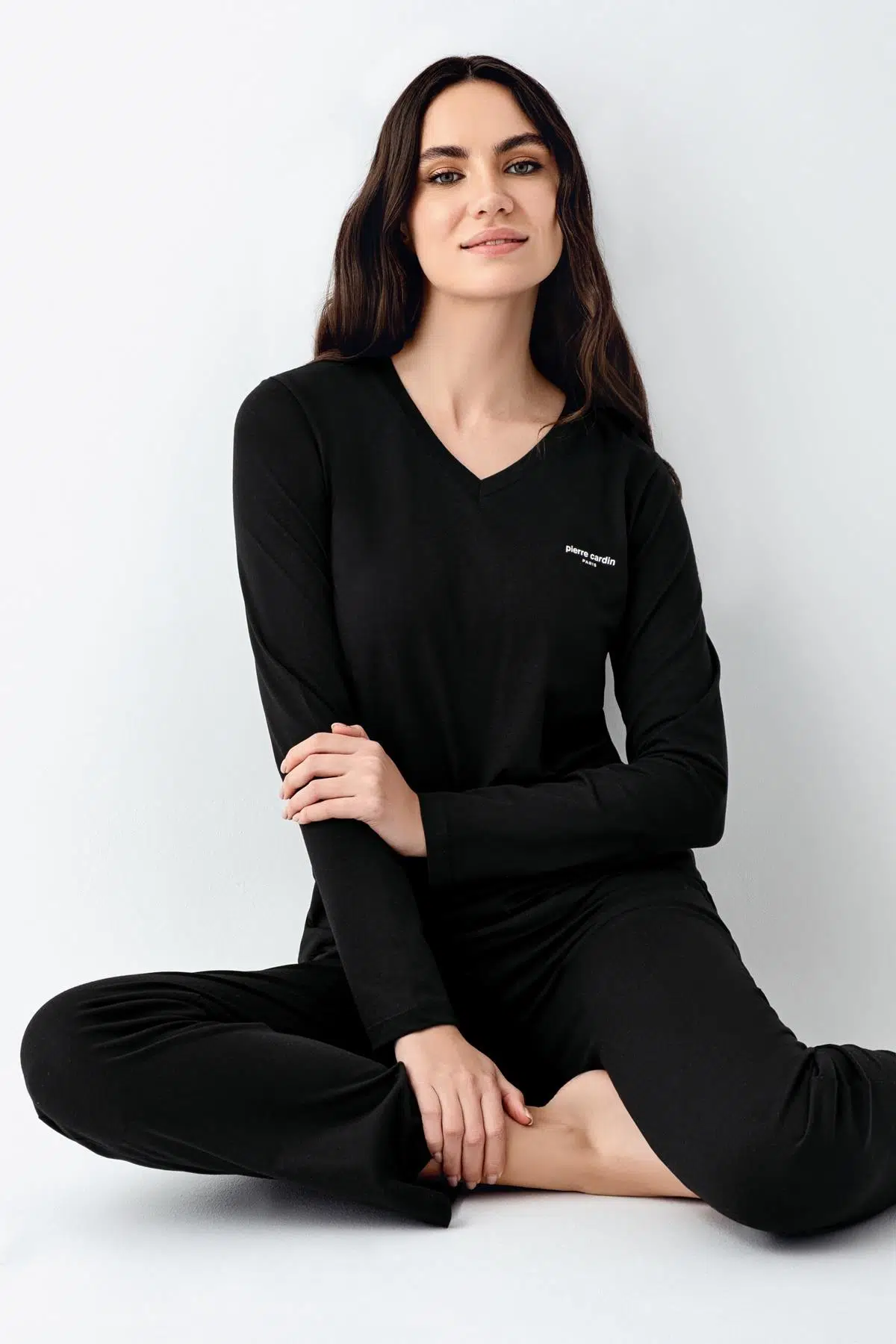 Pierre Cardin Büyük Beden Kadın V Yaka Modal Pamuklu 4 Mevsim Kumaş Uzun Kollu Pijama Takım