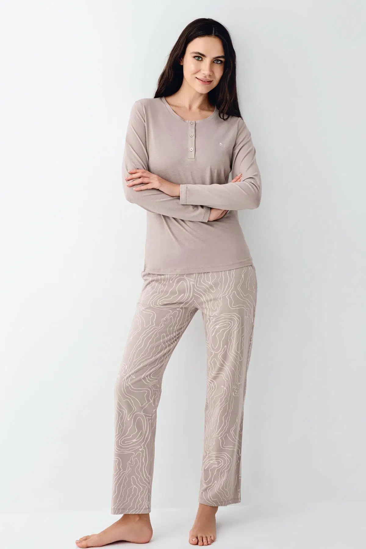 Pierre Cardin Kadın Desenli Pamuklu Modal Uzun Kollu Pijama Takım