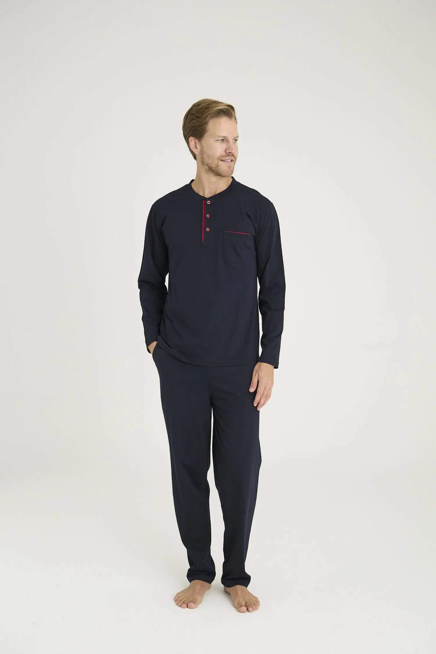 Kly Erkek Ekstra Büyük Beden %100 Pamuklu Düğmeli Yaka Mevsimlik Uzun Kollu Pijama Takım