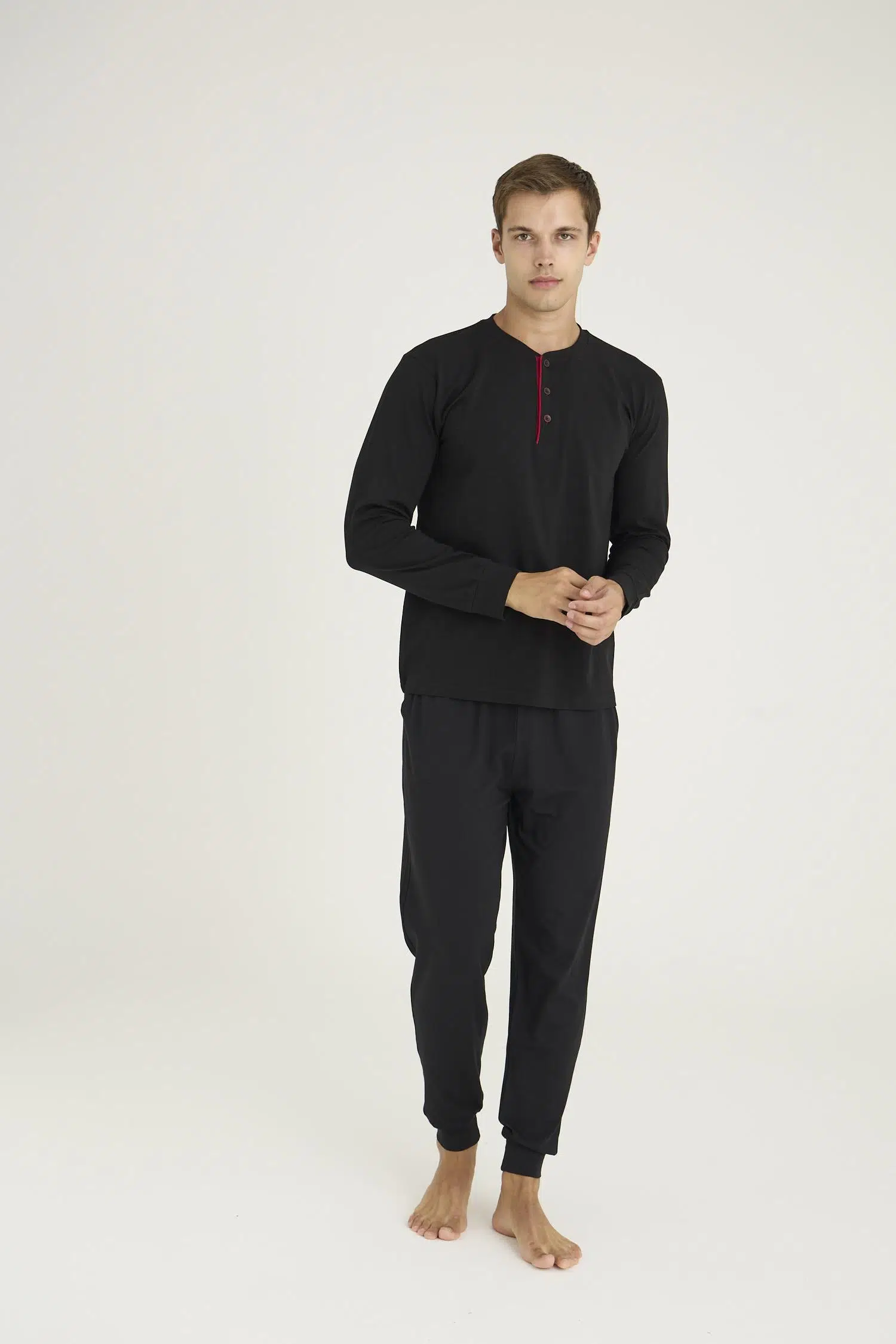 Kly Erkek Büyük Beden %100 Pamuklu Düğmeli Manşetli Uzun Kol Pijama Takım