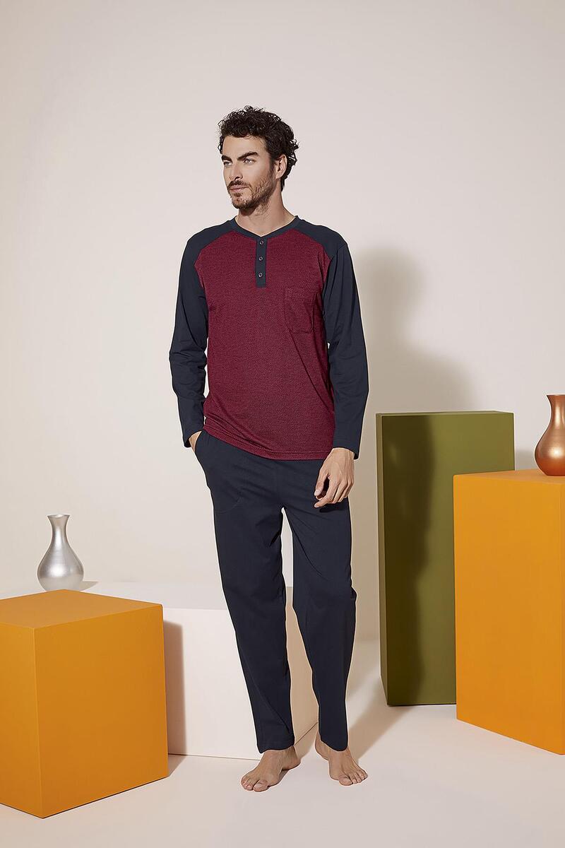 Kly 9201 Erkek Midi Yaka Pijama Takım - BORDO