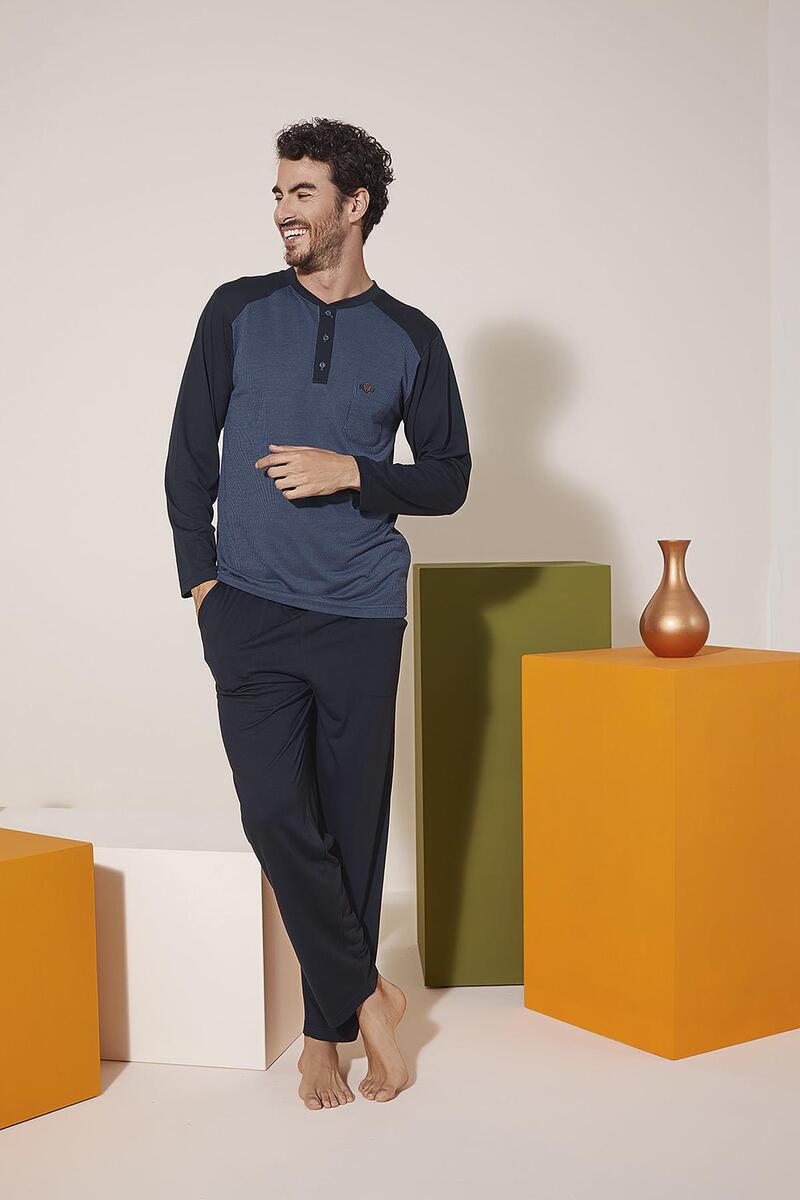 Kly 9206 Erkek Midi Yaka Omuz Parçalı Pijama Takım - İNDİGO