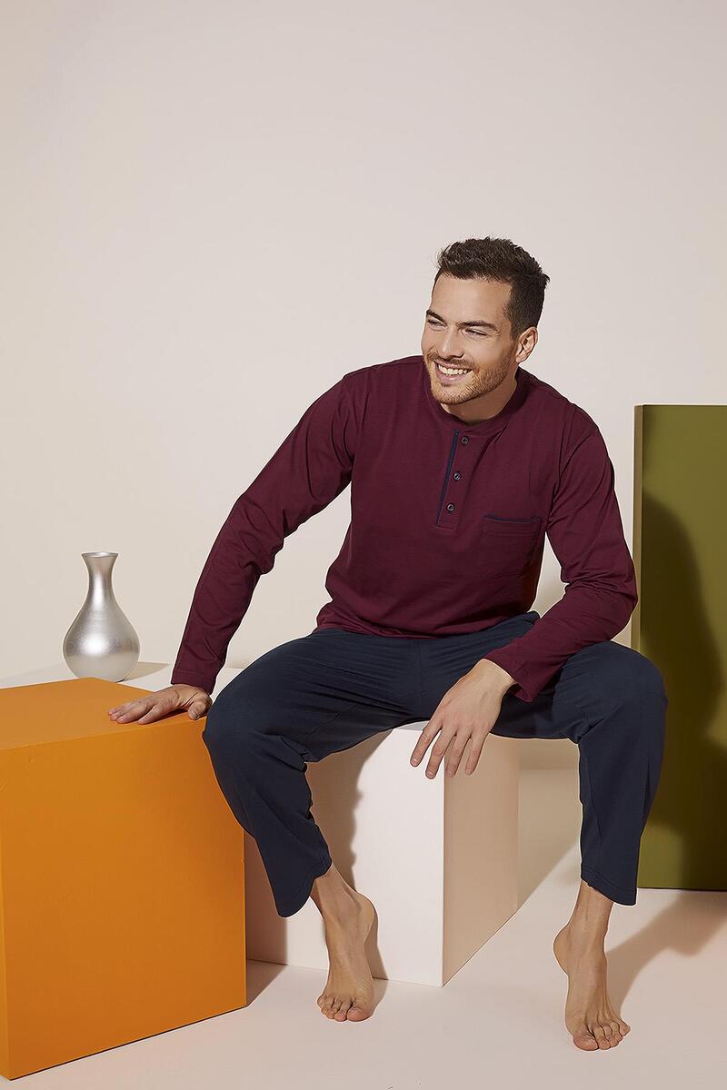 KLY 9210 Erkek Midi Yaka Pijama Takım - BORDO