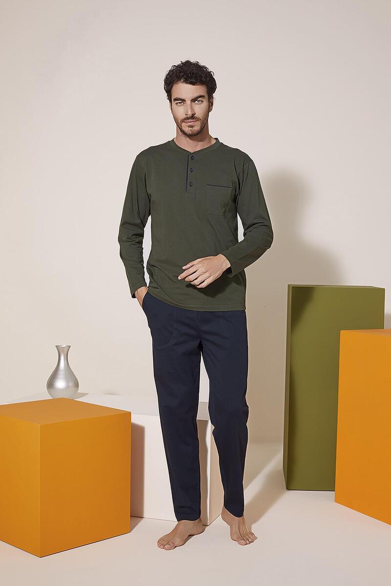 KLY 9210 Erkek Midi Yaka Pijama Takım - HAKİ