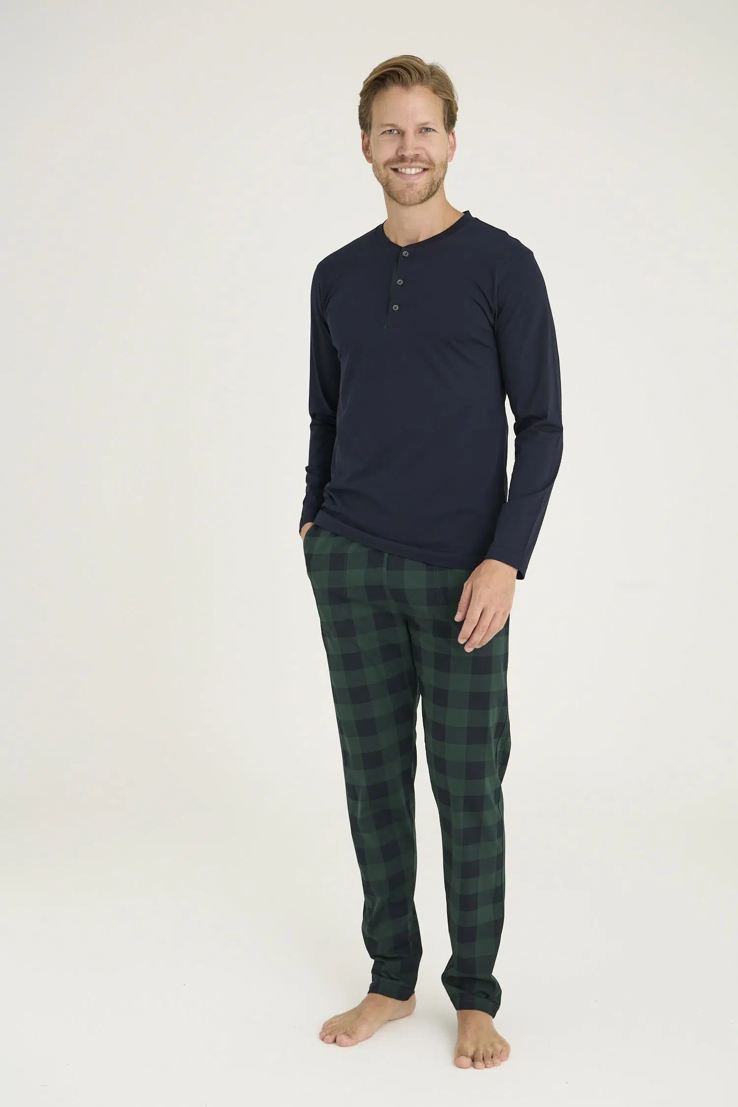 Kly Erkek %100 Pamuklu Düğmeli Yaka Ekose Desen Uzun Kollu Pijama Takım