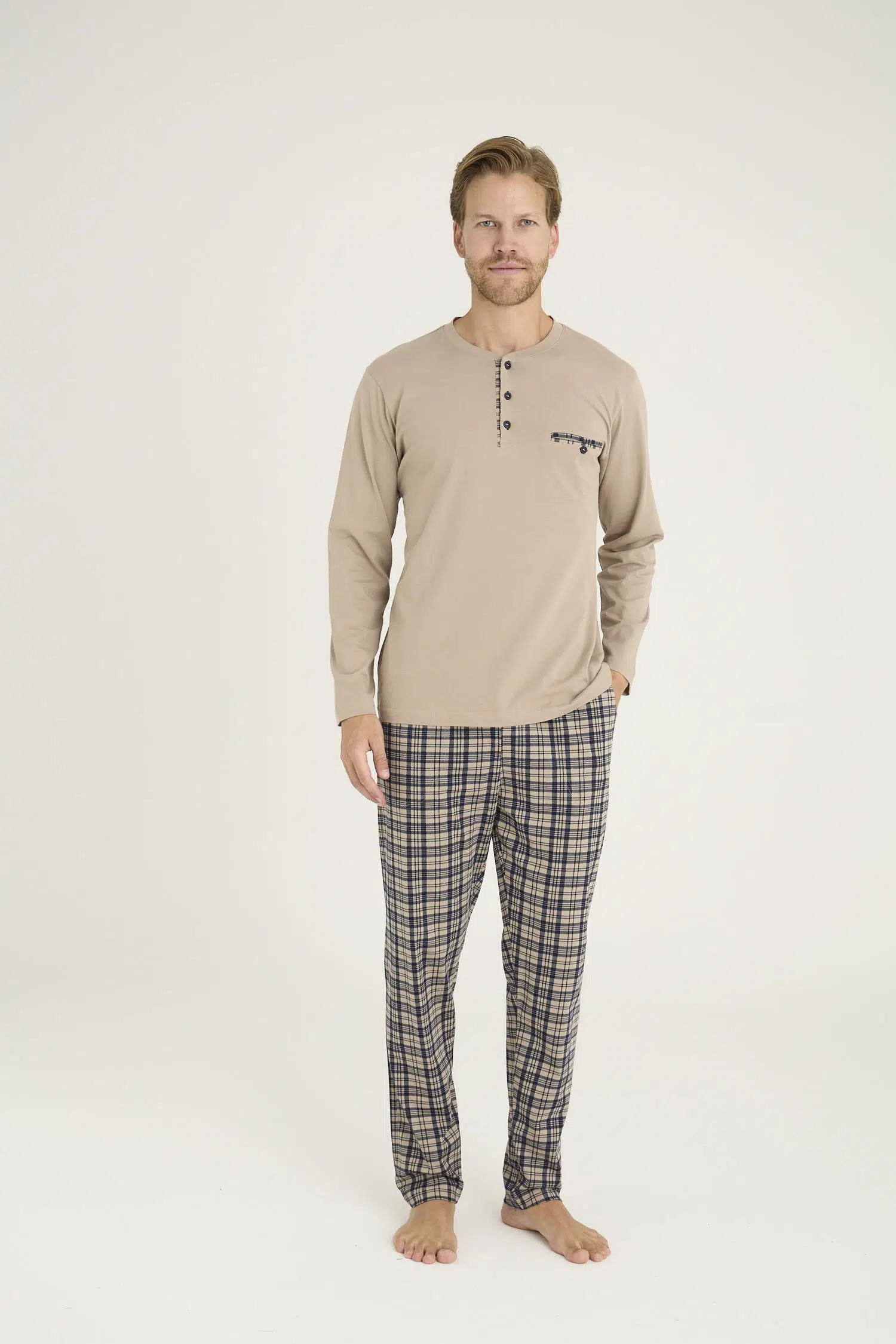 Kly 9223 Erkek %100 Pamuklu 4 Mevsim Kumaş Ekoseli Uzun Kollu Pijama Takım