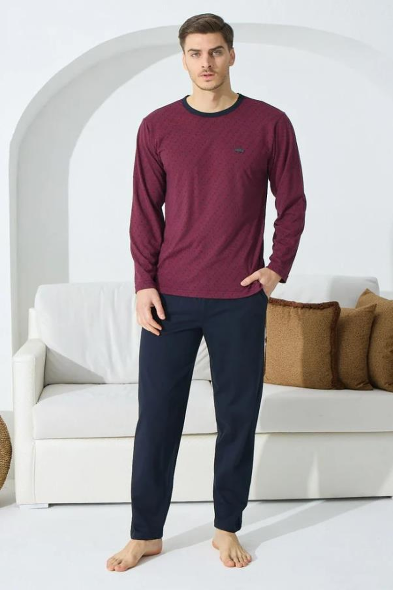 Kly 9243 Uzun Kol 0 Yaka 4 Mevsim Erkek Pijama Takımı - BORDO