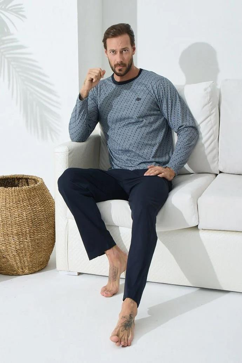 Kly 9243 Uzun Kol 0 Yaka 4 Mevsim Erkek Pijama Takımı - LACİVERT