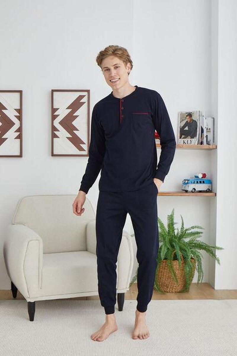 KLY 9244 Erkek Midi Yaka Lacivert Pijama Takımı - LACİVERT