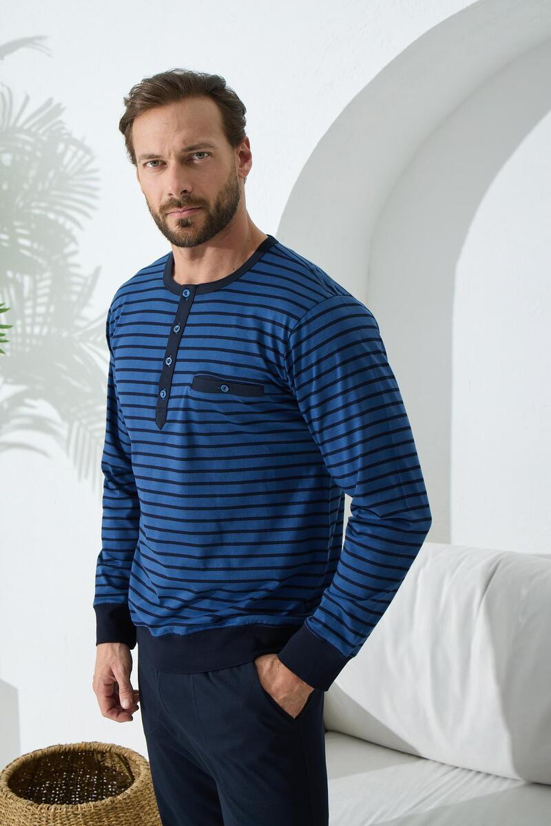 Kly 9246 Erkek Yaka Reçme Düğmeli Pijama Takım - İNDİGO