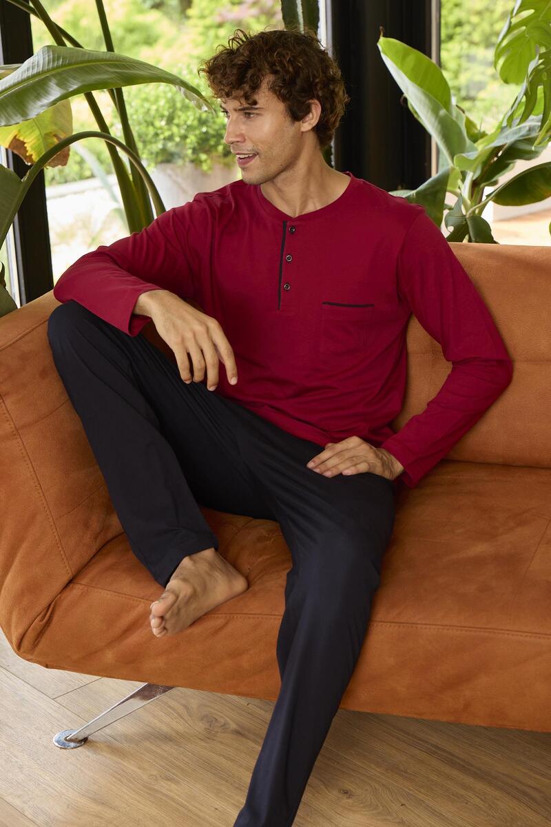 Kly 9250 Erkek Dört Mevsim Midi Yaka Uzun Kollu Pijama Takım - BORDO