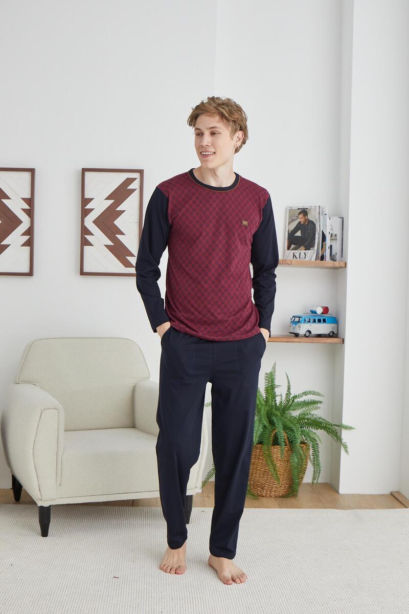 Kly 9251 Erkek 0 Yaka Uzun Kol Pijama Takım - BORDO