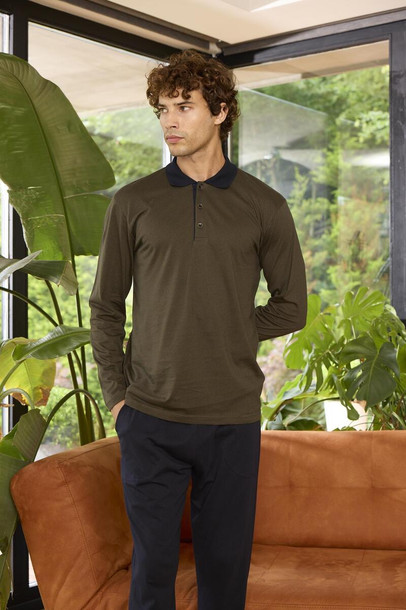 Kly 9272 Erkek Polo Yaka Uzun Kollu Pijama Takımı - YEŞİL