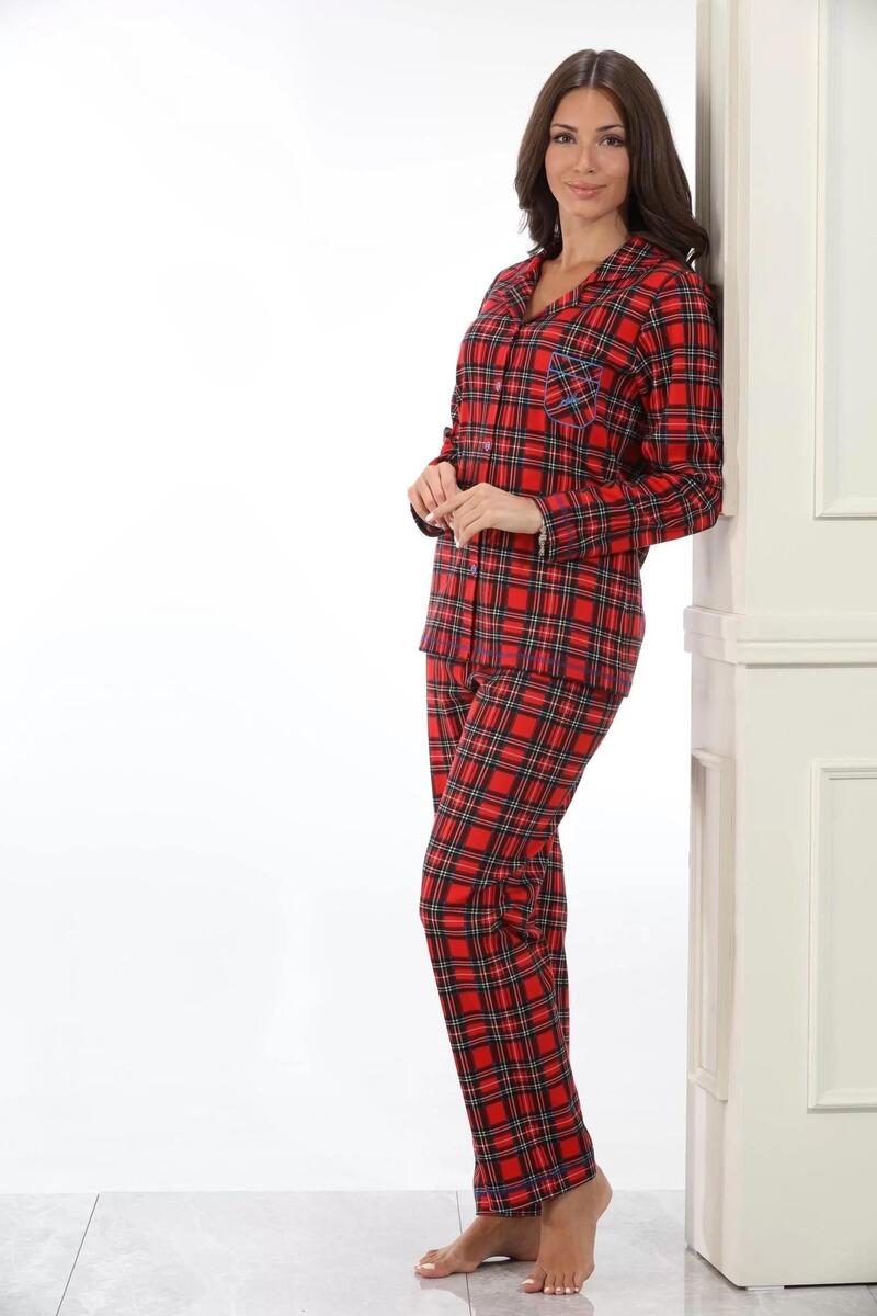 Etoile 98224 Kadın Önden Düğmeli Ekoseli Uzun Kol Pijama Takım - DESENLİ