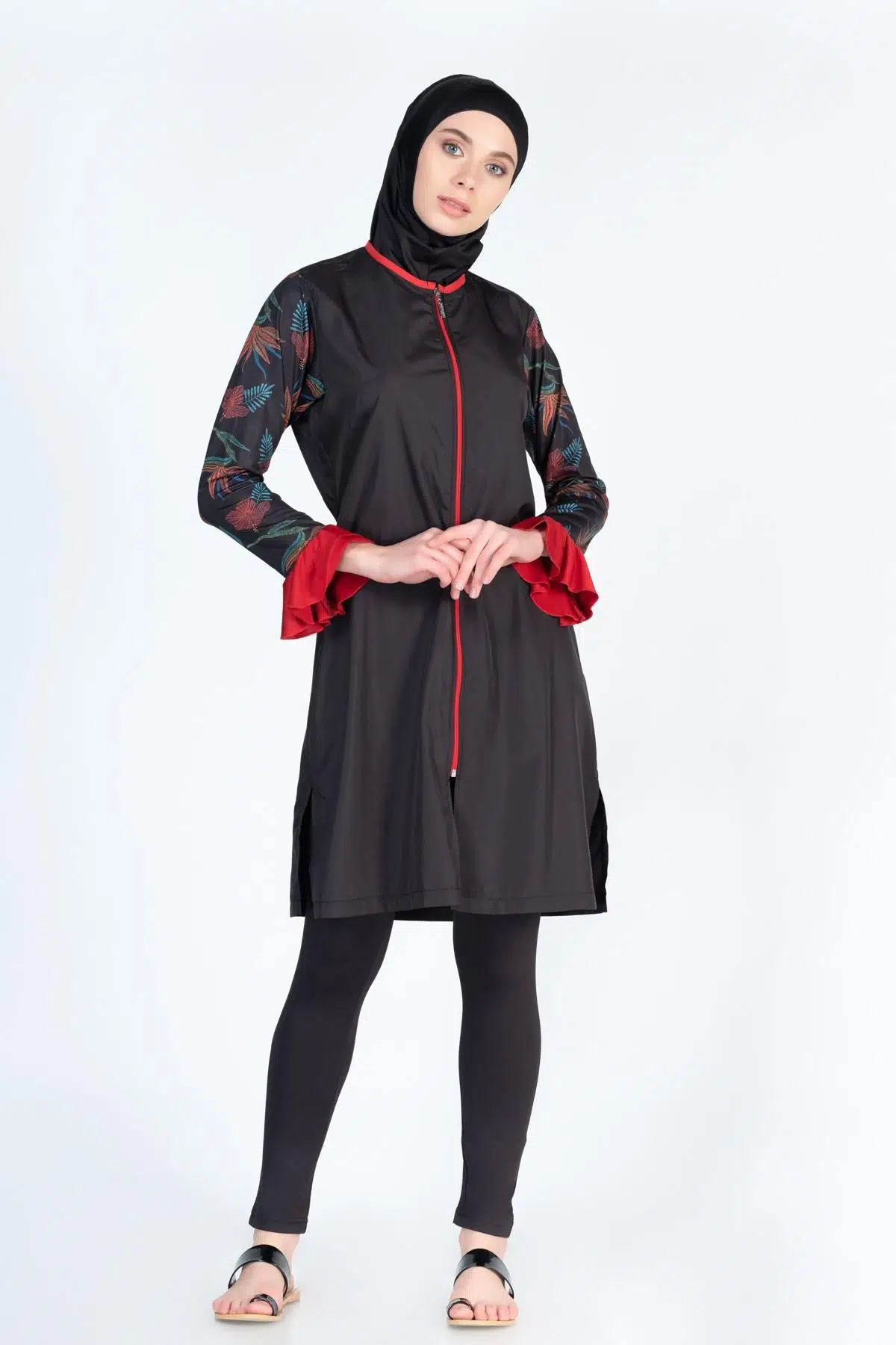 Alfasa 270 Uzun Kol Taytlı Kol Ucu Detaylı Tam Kapalı Tesettür Mayo - SİYAH