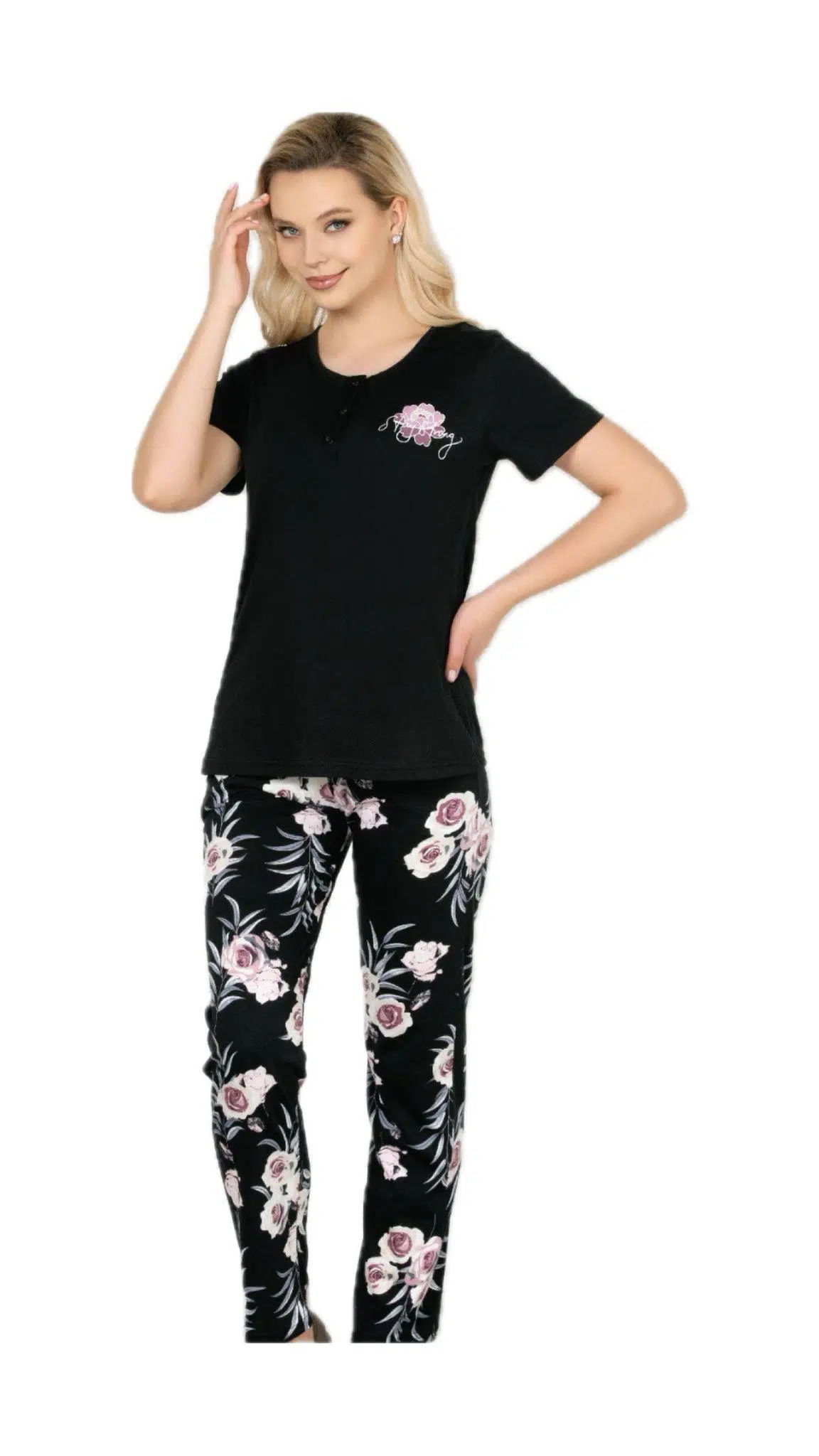 Alperi 78-49 Kadın Çiçek Desenli Kısa Kol Pijama Takım - SİYAH