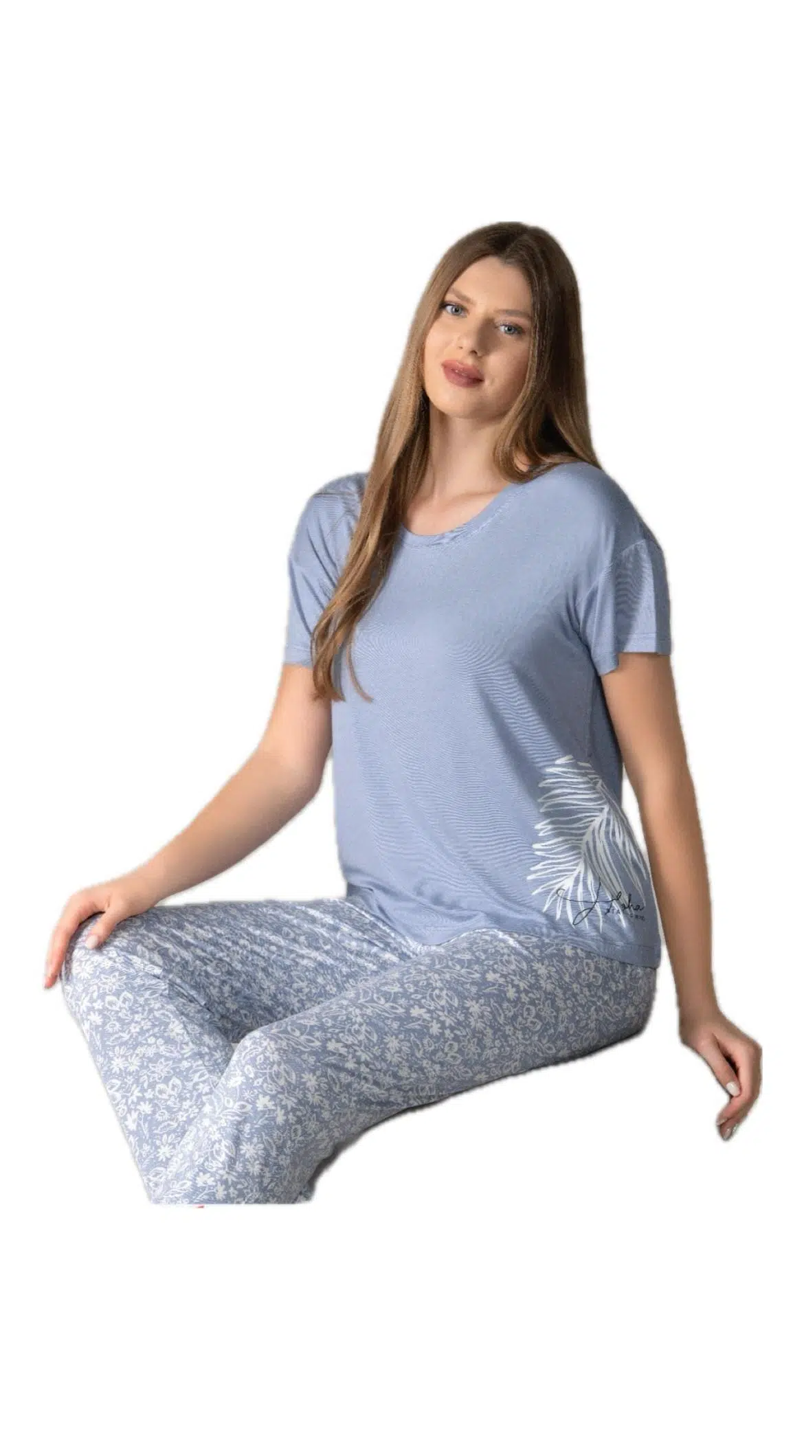 Alperi 78-90 Kadın Yuvarlak Yaka Kısa Kol Pijama Takım - MAVİ